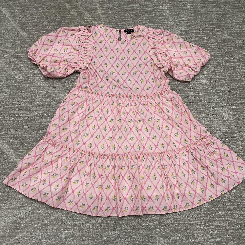 GiGio Dress Womens M Pink Puff Sleeve Floral Lemons Tiered Ruffle Babydoll Boho